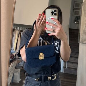 Loft Dark Denim Shoulder Bag with Gold Hardware